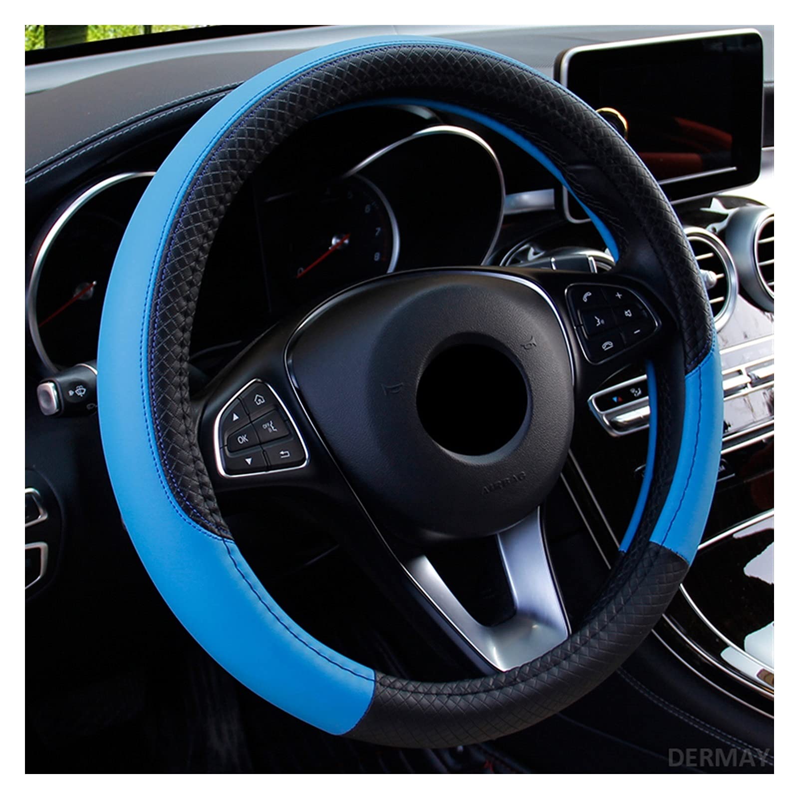 Lenkradbezug, Steering Wheel Cover Auto Lenkradabdeckung Passend für 37-38 cm Leder Atmungsaktive Stoffgeflecht Auto Lenkradabdeckung Auto Innenausstattung(Blue) von TUOYDJA