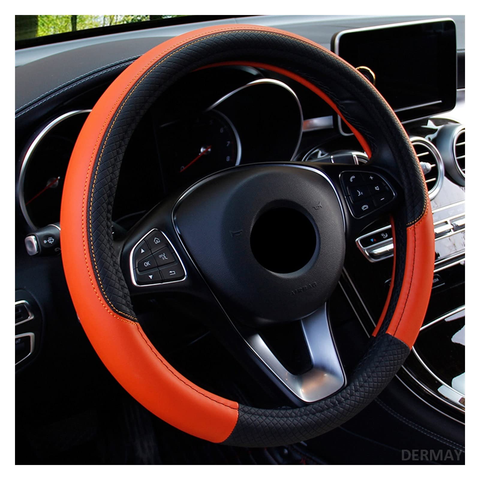 Lenkradbezug, Steering Wheel Cover Auto Lenkradabdeckung Passend für 37-38 cm Leder Atmungsaktive Stoffgeflecht Auto Lenkradabdeckung Auto Innenausstattung(Orange) von TUOYDJA