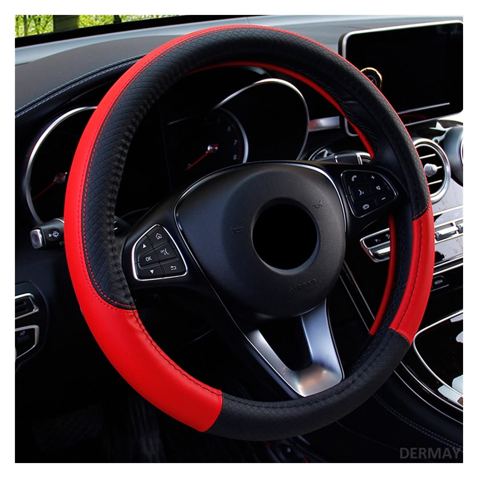 Lenkradbezug, Steering Wheel Cover Auto Lenkradabdeckung Passend für 37-38 cm Leder Atmungsaktive Stoffgeflecht Auto Lenkradabdeckung Auto Innenausstattung(Red) von TUOYDJA