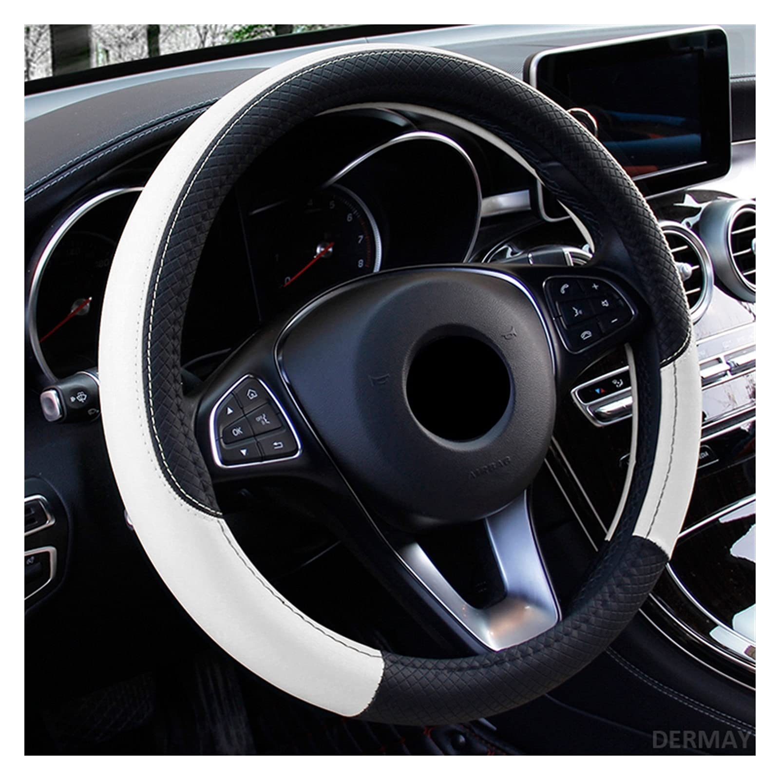 Lenkradbezug, Steering Wheel Cover Auto Lenkradabdeckung Passend für 37-38 cm Leder Atmungsaktive Stoffgeflecht Auto Lenkradabdeckung Auto Innenausstattung(White) von TUOYDJA