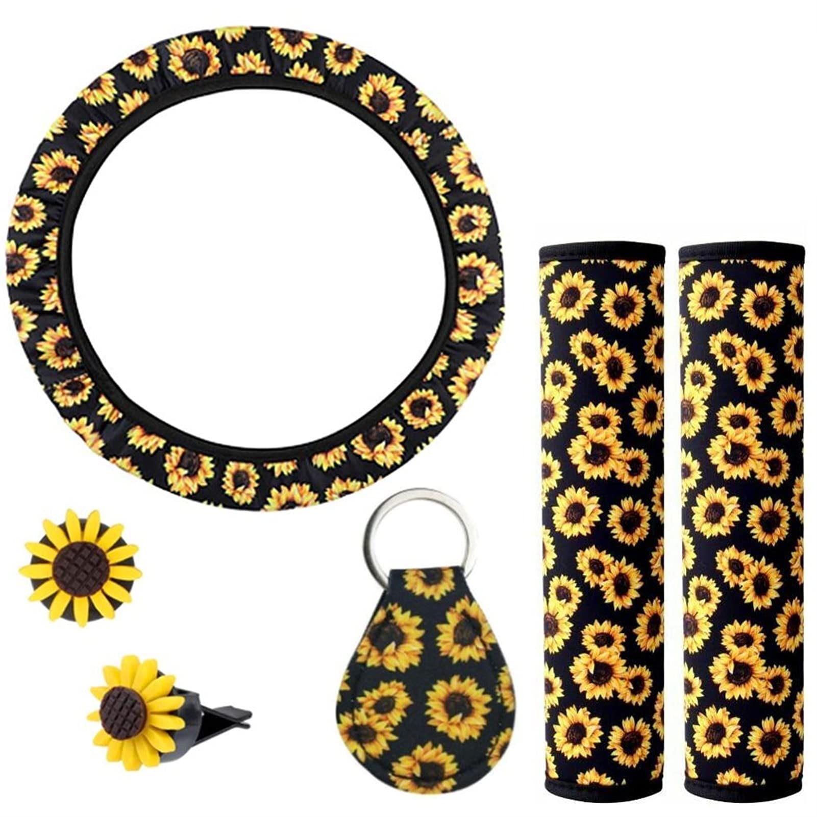 Lenkradbezug, Steering Wheel Cover Universal Sonnenblume Auto Lenkradabdeckung Sicherheitsgurt Pad Keychain Zubehör Dekor Set Verschleißfestes Einfache Installieren Anti Slip von TUOYDJA