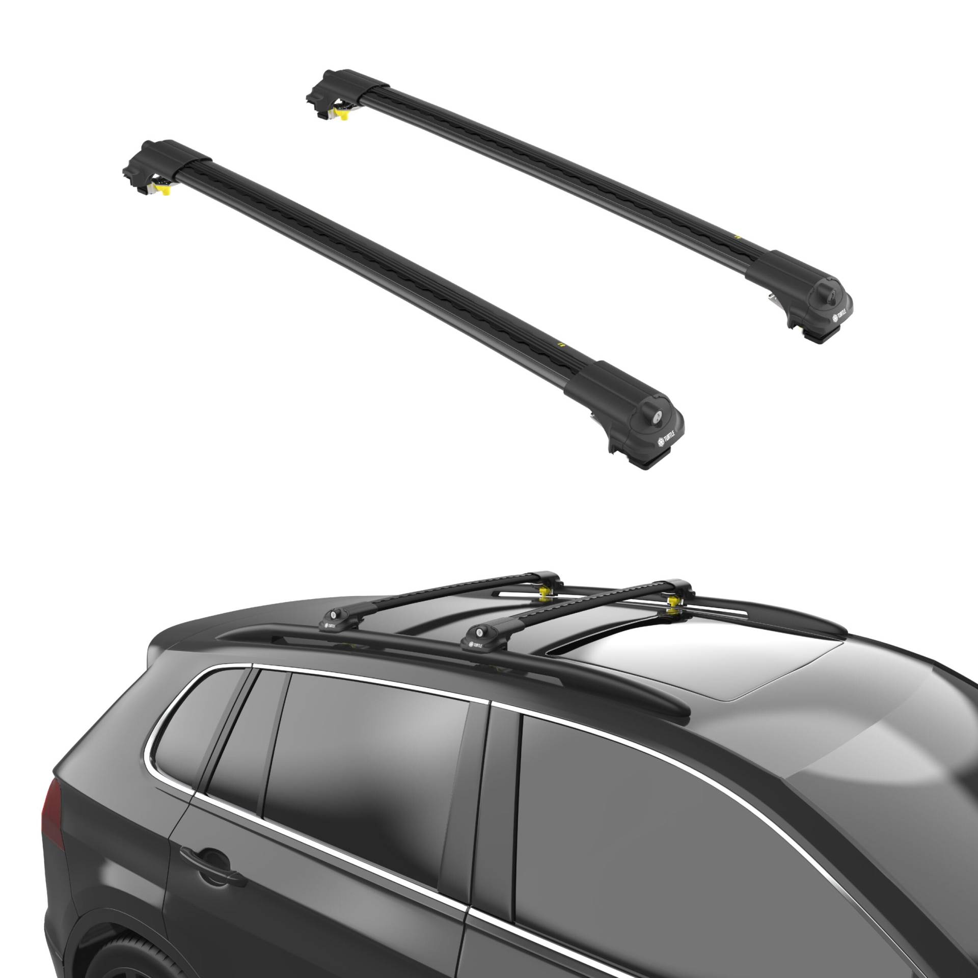 TURTLE DACHTRÄGER AIR-1, Barrenlänge 86-86 cm Aluminium Dachgepäckträger, 75 kg Tragfähigkeit-Abschließbarer, Einstellbarer Fahrrad und Skiträger, Kompatibel SEAT ATECA 2016-2024 (Schwarz) von TURTLE