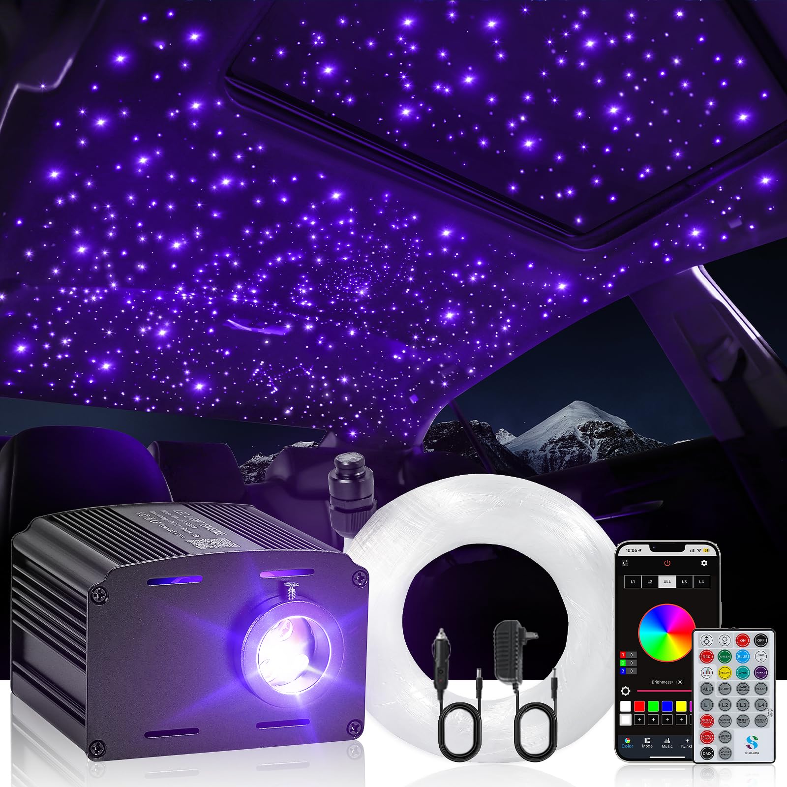 16W Twinkle & Music Sound Activated Starlight Headliner Kit for Car Home Star Ceiling, RGBW 300pcs*0.03in*9.8ft Fiber Optic Car Roof Sky Lights, APP& Remote Controlled Engine End Glow Fiber Strands von TWETIZ