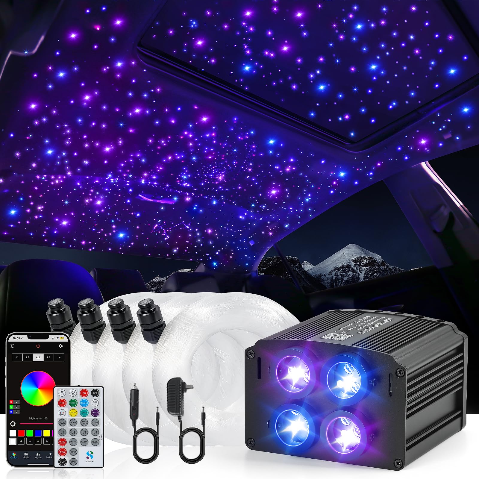 4 Colors 32W Twinkle Starlight Headliner Kit for Car Home with APP&RF Remote, RGBW 460pcs*0.03in*9.8ft Cables Fiber Optic Star Sky Roof Lights,4 Port Engine Sound Activated Ceiling Star Lights for Car von TWETIZ