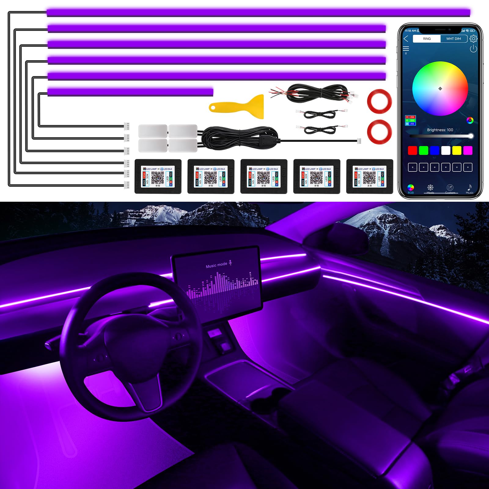 Acrylic Interior Car LED Strip Light with Wireless APP, 10 in 1 with 175 inches 593 LEDs Neon LED Strip Light, RGB Colors Dynamic Music Sync Car Ambient Lighting Kits von TWETIZ