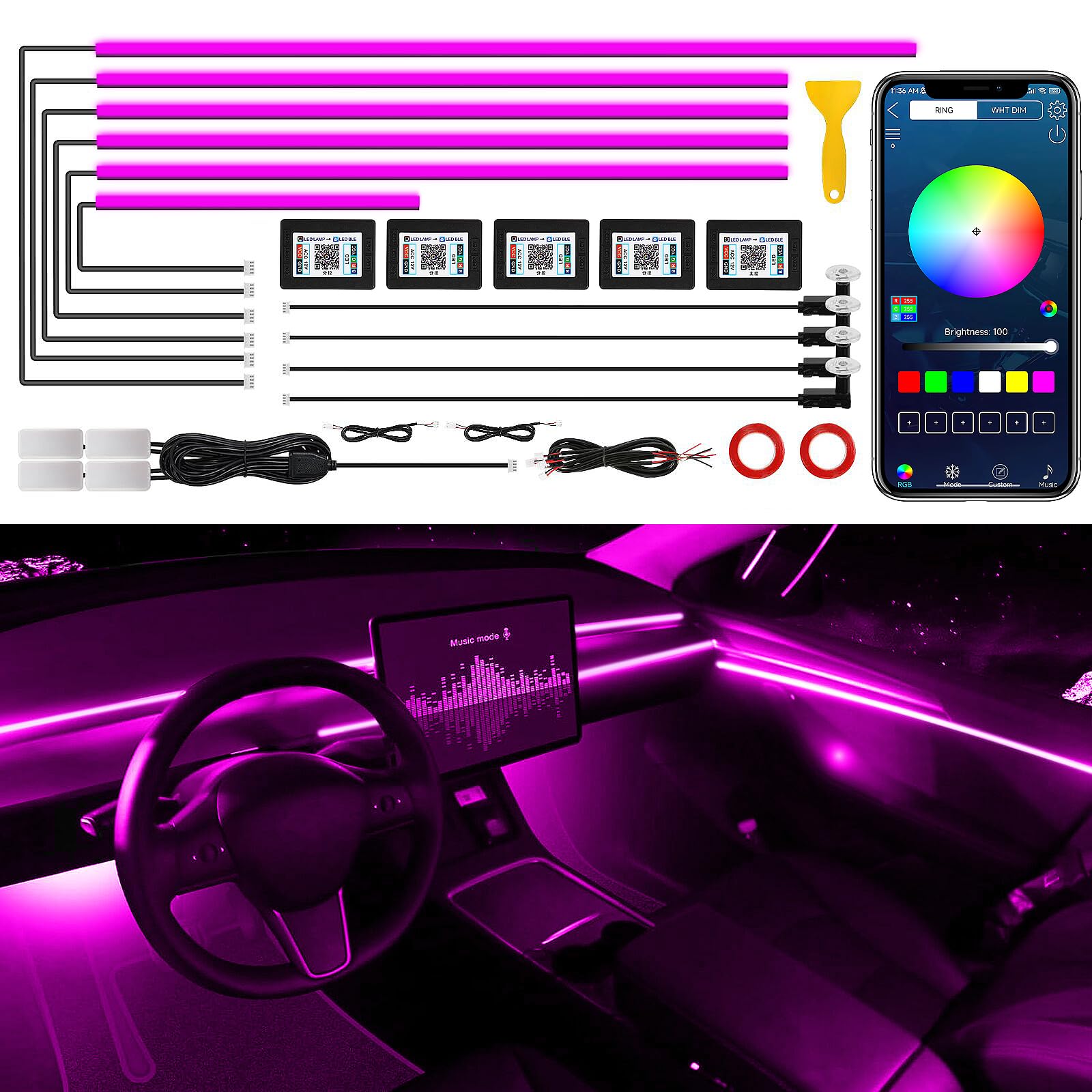 Acrylic Interior Car LED Strip Light with Wireless APP, 14 in 1 with 175 inches 593 LEDs Neon LED Strip Light, RGB Colors Dynamic Music Sync Car Ambient Lighting Kits von TWETIZ