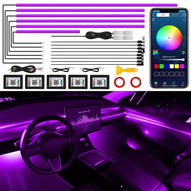 Acrylic Interior Car LED Strip Light with Wireless APP, Car Accessories 18 in 1 with 175 inches 593 LEDs Fiber Optic Car Ambient Lighting Kits, RGB Dynamic Music Sync Neon LED Strip Light for Car von TWETIZ