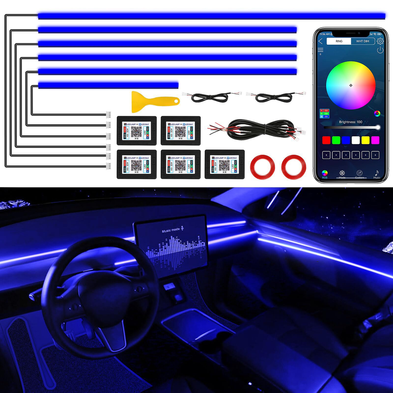 Acrylic Interior Car LED Strip Light with Wireless APP, Car Accessories 6 in 1 with 175 inches 593 LEDs Fiber Optic Car Ambient Lighting Kits, RGB Dynamic Music Sync Neon LED Strip Light for Car von TWETIZ