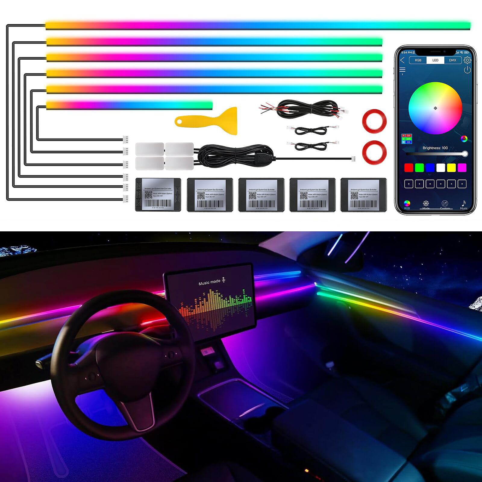 Acrylic Interior Car LED Strip Light with Wireless APP, RGB 10 in 1 with 175 inches 593 Neon Car Ambient Lighting Kits, Dynamic Chasing Music Sync LEDs Fiber Optic Strip Lights for Car von TWETIZ