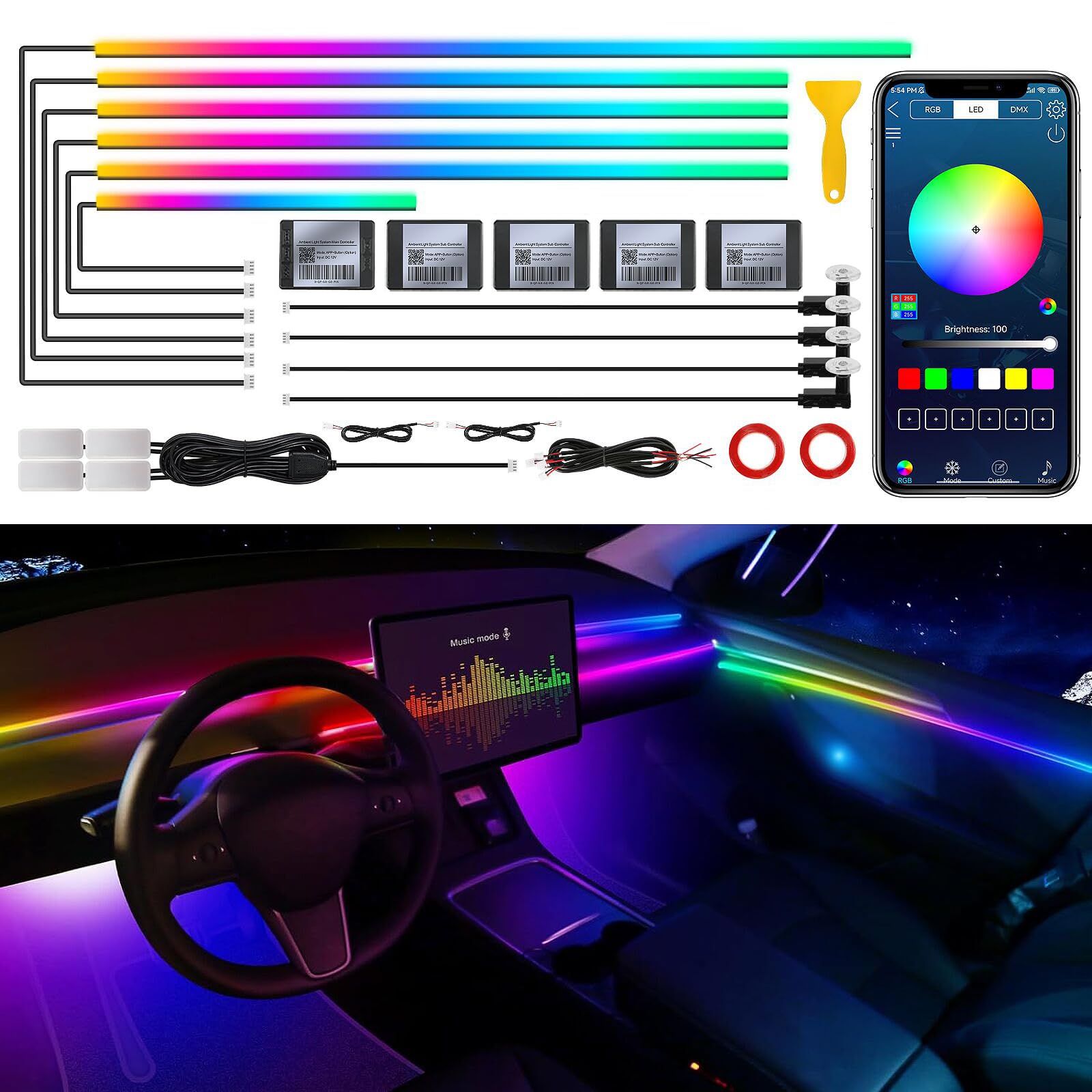 Acrylic Interior Car LED Strip Light with Wireless APP, RGB 14 in 1 with 175 inches 593 Neon Car Ambient Lighting Kits, Dynamic Chasing Music Sync LEDs Fiber Optic Strip Lights for Car von TWETIZ