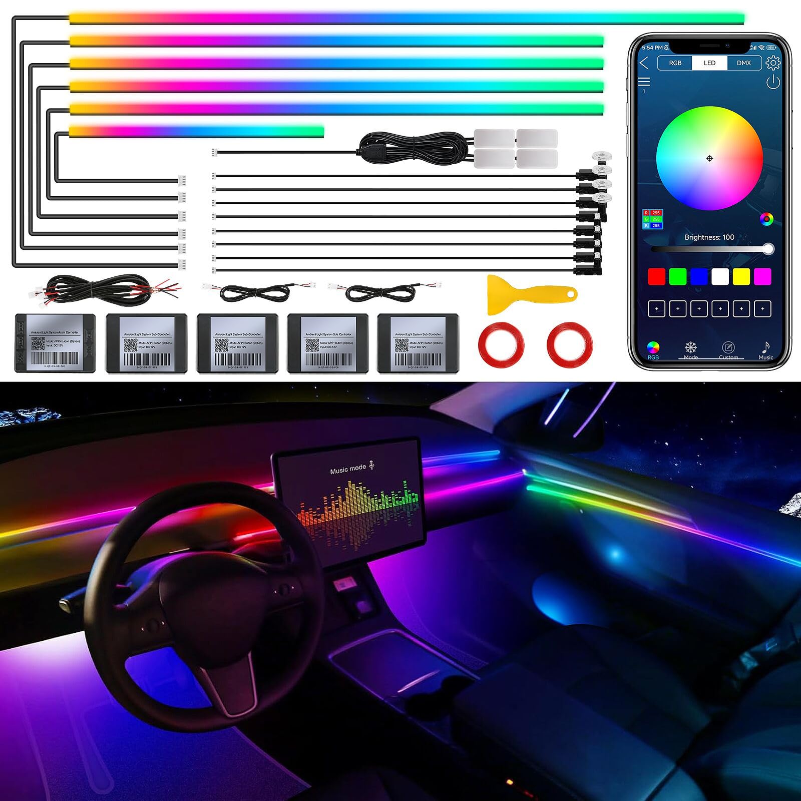 Acrylic Interior Car LED Strip Light with Wireless APP, RGB 18 in 1 with 175 inches 593 LEDs Fiber Optic Strip Lights for Car, Dynamic Chasing Music Sync Neon Car Ambient Lighting Kits von TWETIZ