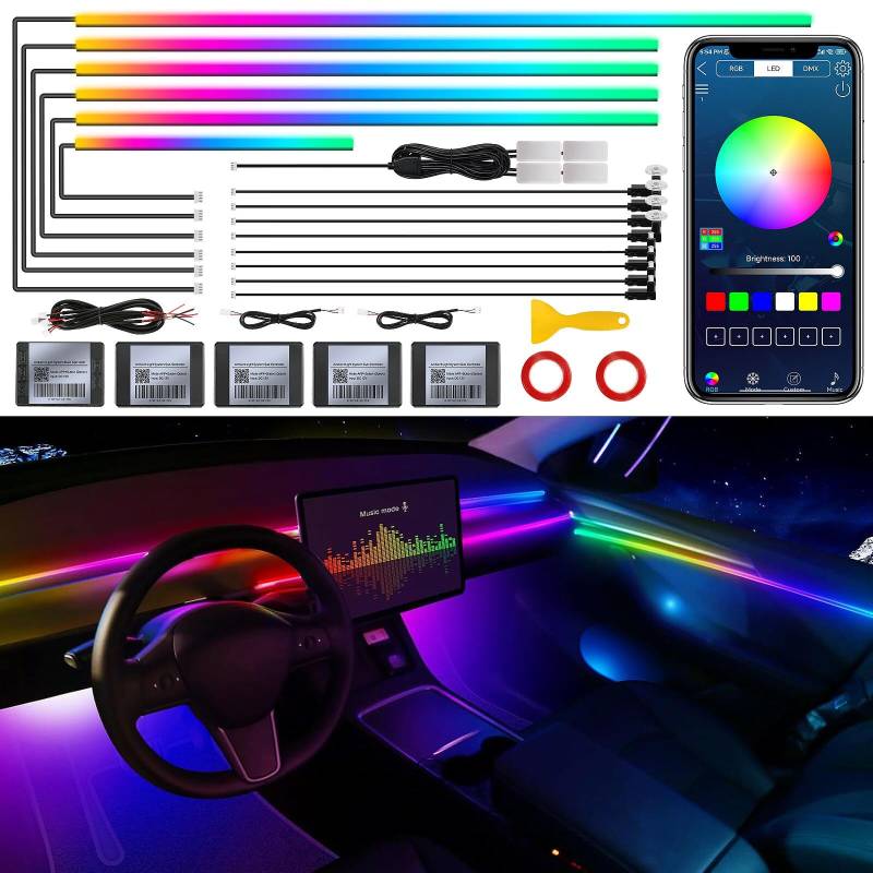 Acrylic Interior Car LED Strip Light with Wireless APP, RGB 18 in 1 with 175 inches 593 LEDs Fiber Optic Strip Lights for Car, Dynamic Chasing Music Sync Neon Car Ambient Lighting Kits von TWETIZ