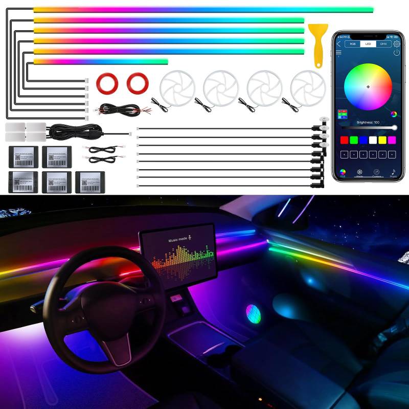 Acrylic Interior Car LED Strip Light with Wireless APP, RGB 22 in 1 with 175 inches 600 LEDs Fiber Optic Ambient Lighting Kits, Dynamic Chasing Music Sync Neon LED Strip for Car Accessories von TWETIZ