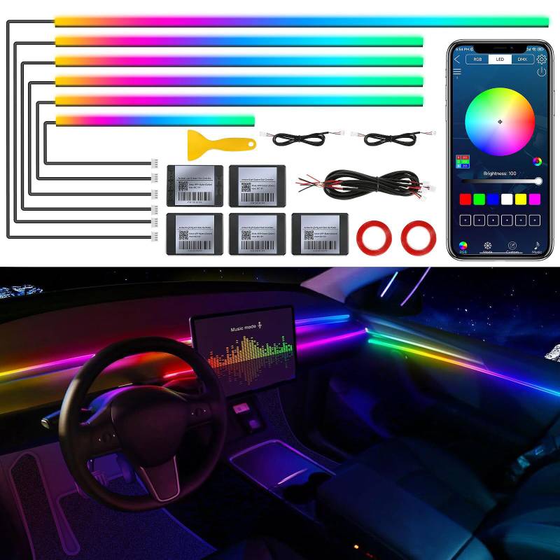 Acrylic Interior Car LED Strip Light with Wireless APP, RGB 6 in 1 with 175 inches 593 LEDs Fiber Optic Strip Lights for Car, Dynamic Chasing Music Sync Neon Car Ambient Lighting Kits von TWETIZ