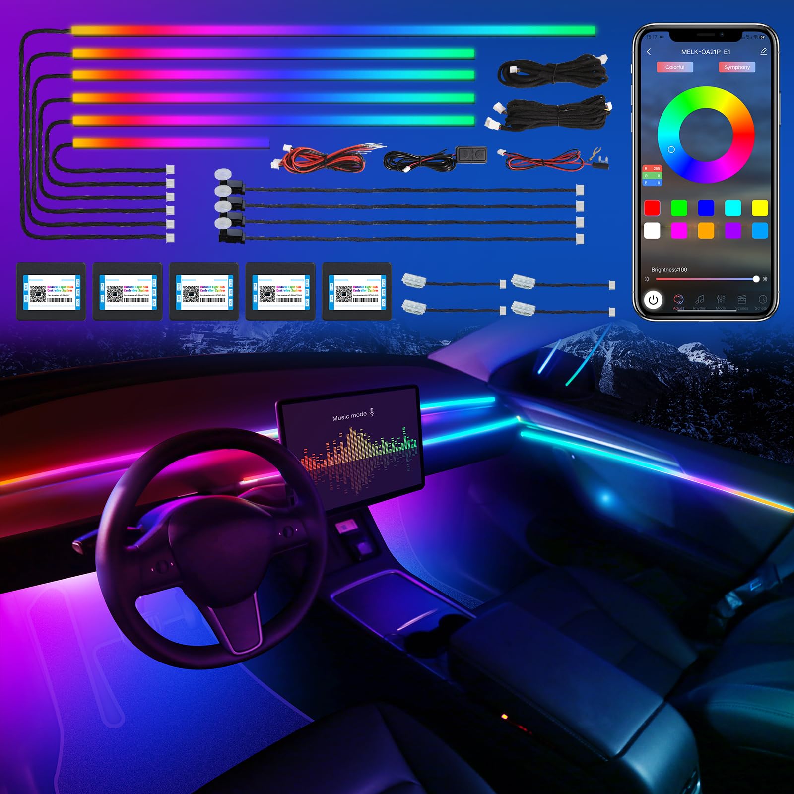 Dreamcolor Acrylic Interior Car LED Strip Light with APP, RGB 14 in 1 with 175 inches 600 LEDs Car Ambient Lighting Kits, Dual Zone LED Strip for Car von TWETIZ