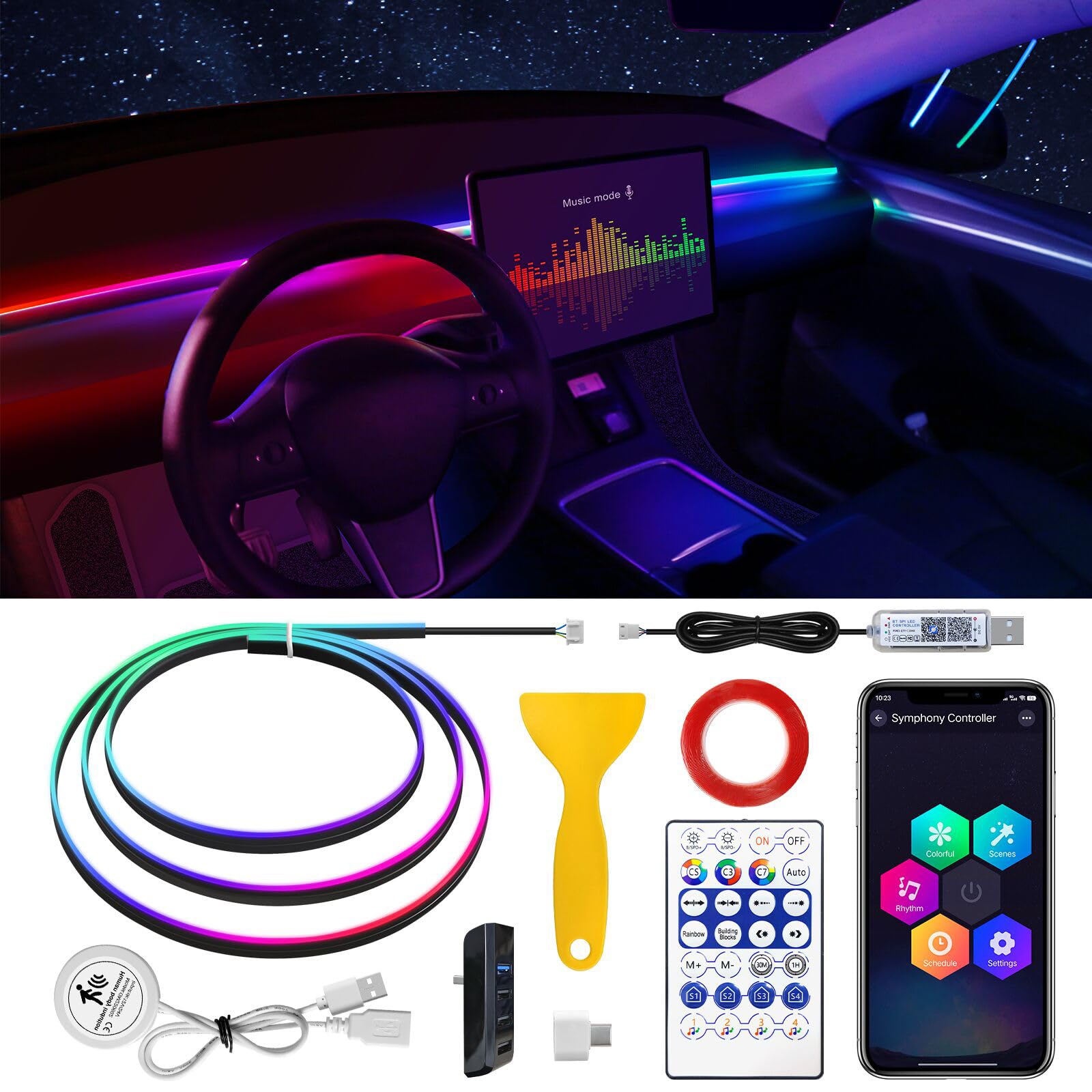 Tesla Model 3/Y Dreamcolor Acrylic Interior Car LED Strip Light with Motion Sensor Switch &USB Hub, 55.1 inches Tesla Neon LED Strip Light, RGB Colors Tesla Ambient Lighting Kits for 2021 2022 2023 von TWETIZ