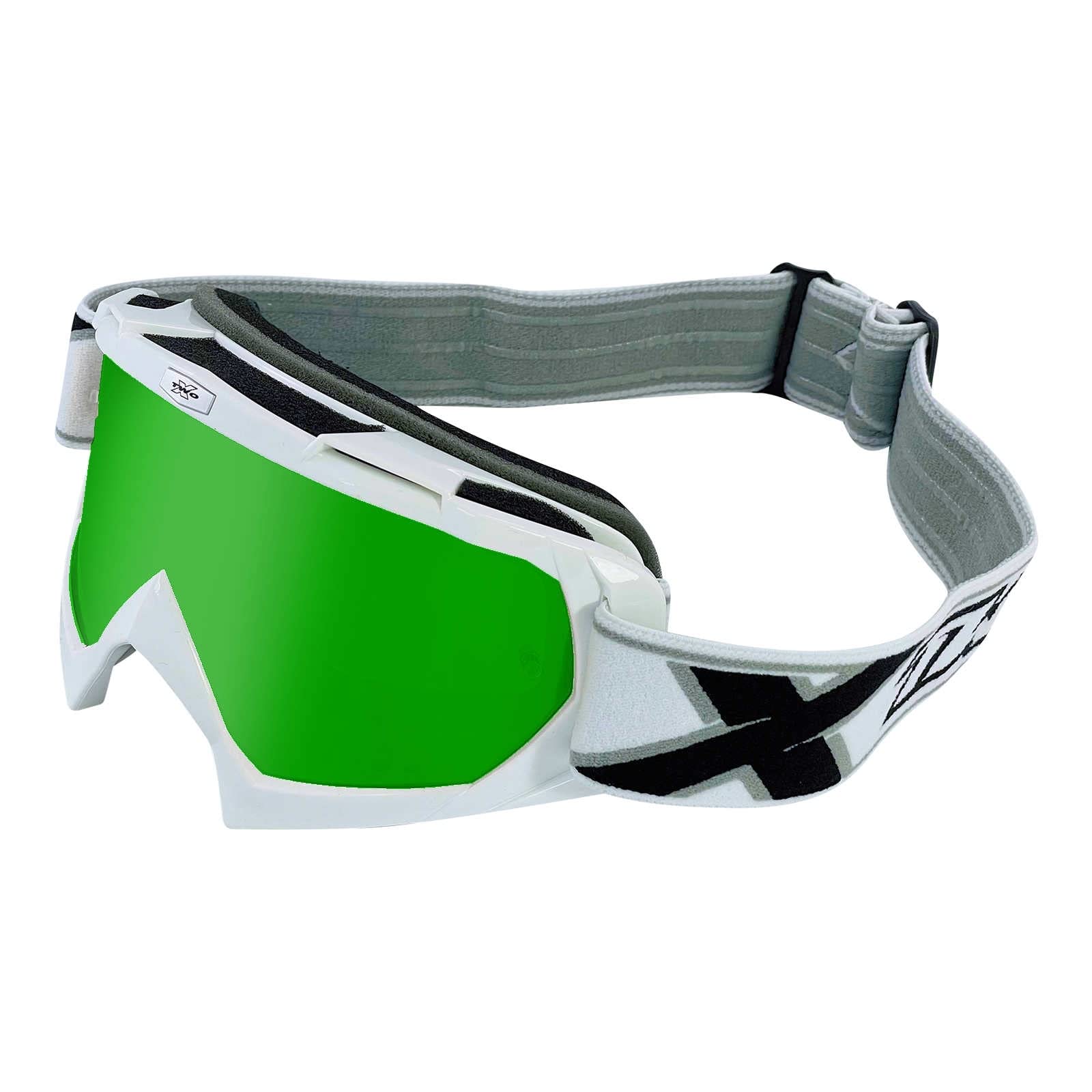 TWO-X Cross-Brille - Motocross-Brille mit verspiegeltem grünen Glas - Kratzfeste Motorrad-Brille - Enduro & Downhill - MX Brille - Modell Race - Weiß von TWO-X