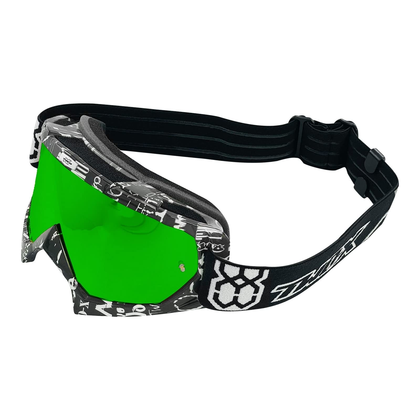 TWO-X Cross-Brille - Motocross-Brille mit verspiegeltem grünen Glas - Motorrad-Brille - Enduro & Downhill Schutz-Brille - Modell Race - Schwarz-Weiß von TWO-X