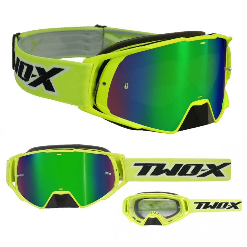 TWO-X Cross-Brille - Motocross-Brille mit verspiegeltem grünen Glas - Motorrad-Brille - Enduro & Downhill - Schutz-Brille - Modell Rocket - Neongelb von TWO-X