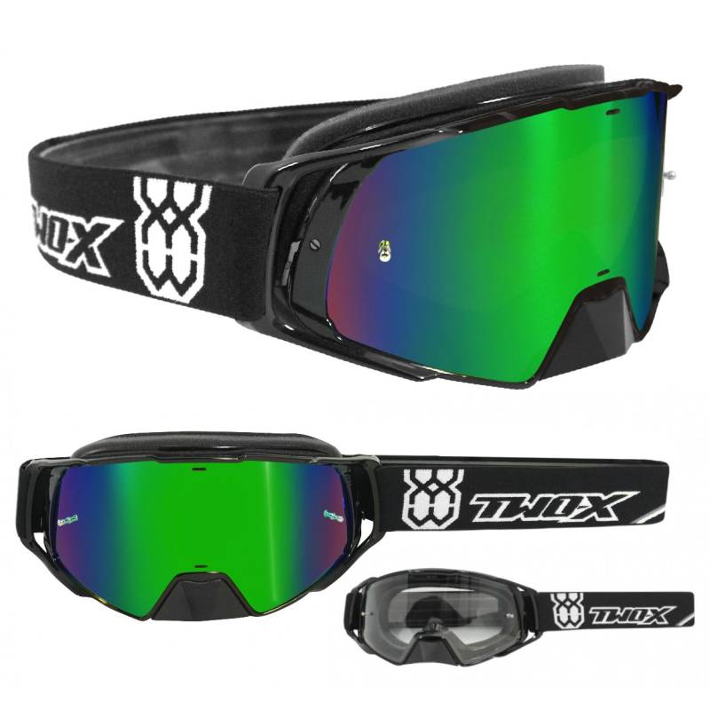 TWO-X Cross-Brille - Motocross-Brille mit verspiegeltem grünen Glas - Motorrad-Brille - Enduro & Downhill - Schutz-Brille - Modell Rocket - Schwarz von TWO-X