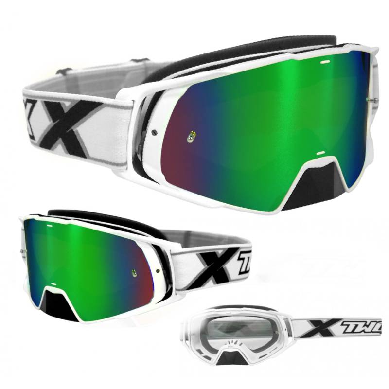 TWO-X Cross-Brille - Motocross-Brille mit verspiegeltem grünen Glas - Motorrad-Brille - Enduro & Downhill - Schutz-Brille - Modell Rocket - Weiß von TWO-X