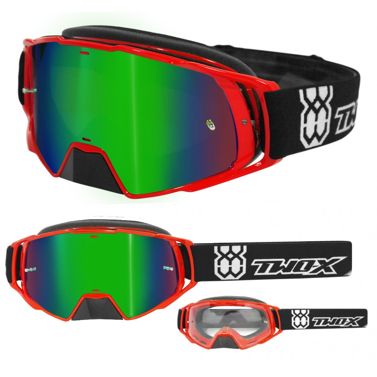 TWO-X Rocket Crossbrille rot Glas verspiegelt grün MX Brille Nasenschutz Motocross Enduro Spiegelglas Motorradbrille Anti Scratch MX Schutzbrille Nose Guard von TWO-X