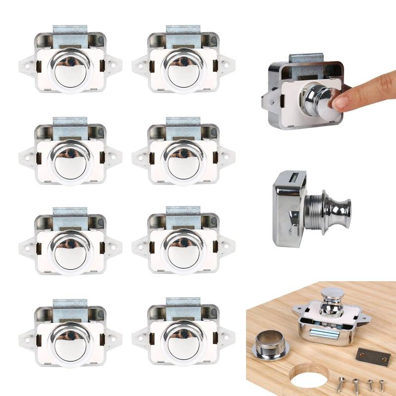 TWSOUL 10st Push Button Catch Door Lock, Keyless Schrank Pull Lock 26mm Öffnungsloch, Locks Riegelknopfschrank, Push Lock, Möbelschlosser Schloss Für Wohnmobil Caravan (Silber- 10pcs) von TWSOUL