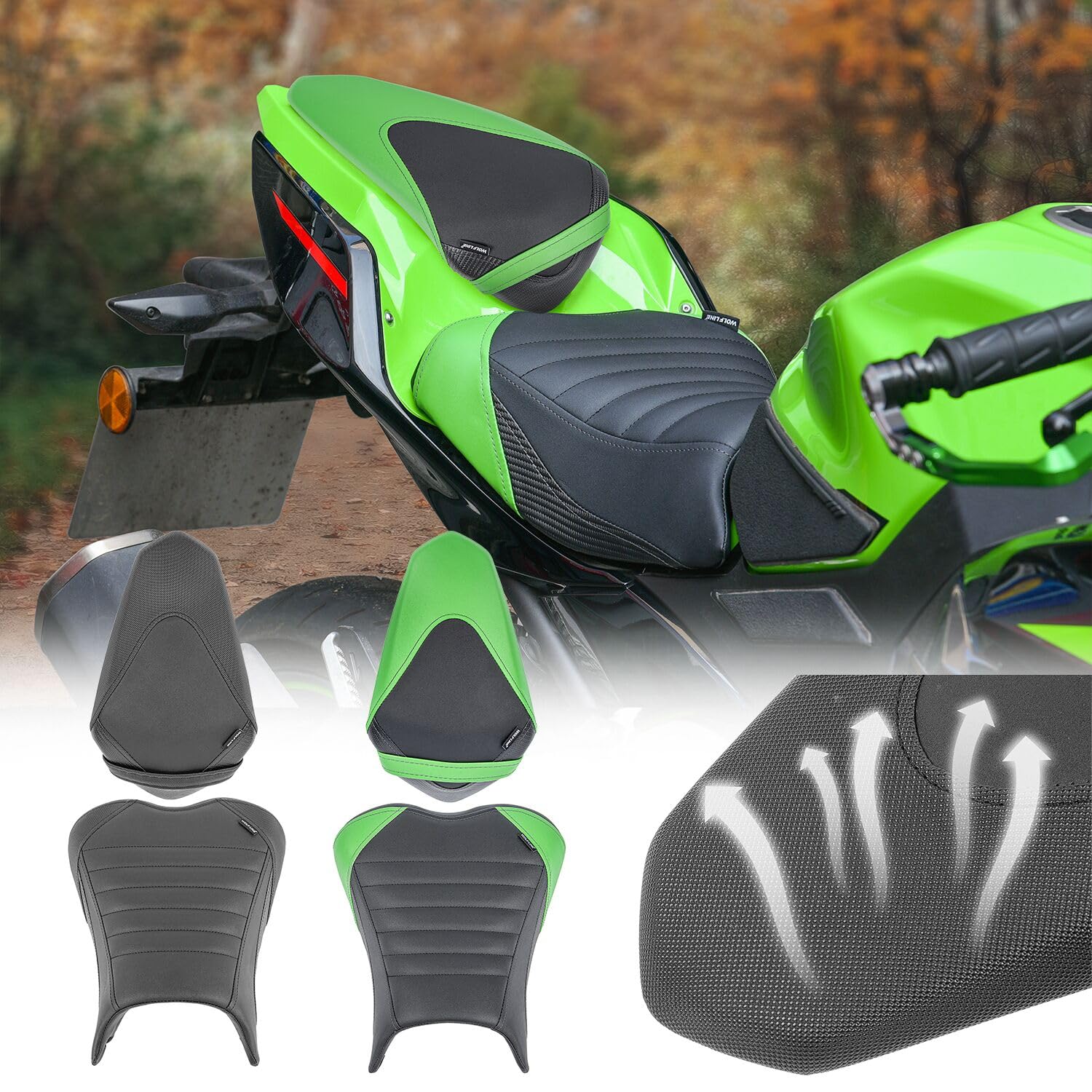 TaTonCycle Atmungsaktives Motorrad-Sitzpolster geteiltes Sitzkissen für Ninja400 Z400 Ninja 400 Z 400 2018–2024 Vorder Fahrer- und Beifahrerkissen-Sattel (Vorne- Schwarz) von TaTonCycle