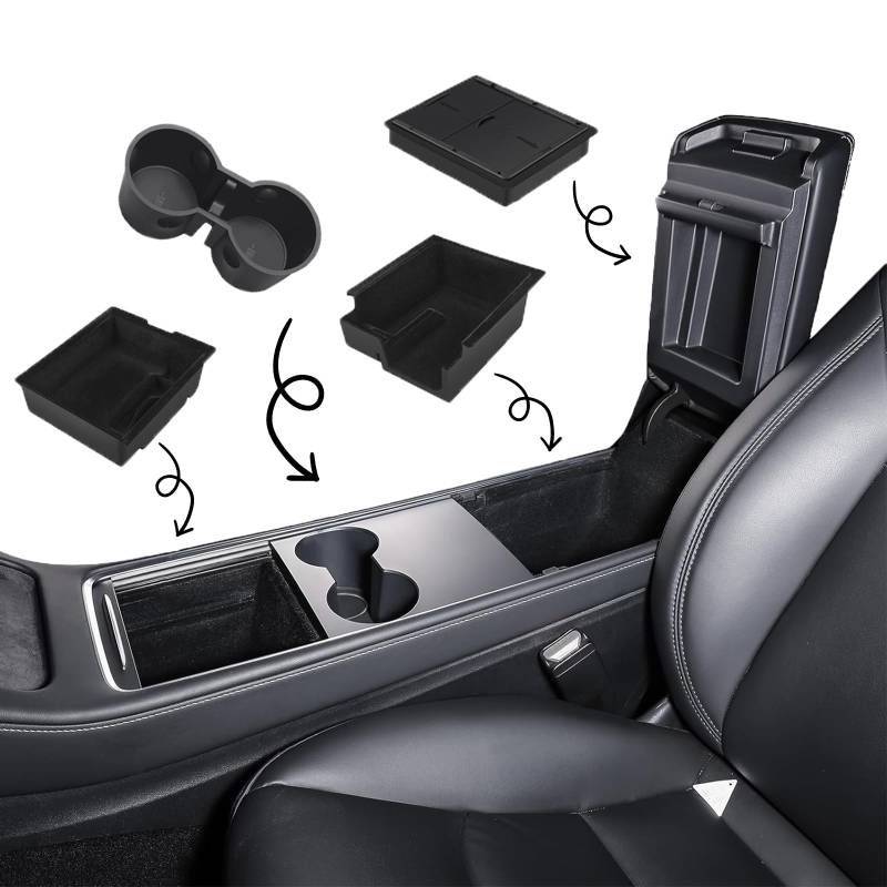 4 Pcs Zubehör für Tesla Model 3 Y - Mittelkonsole Organizer Armlehne Aufbewahrungsbox Armlehne Versteckte Aufbewahrungsbox Mittelkonsolen Getränkehalter für Model 3 Y Zubehör von Taichaeu