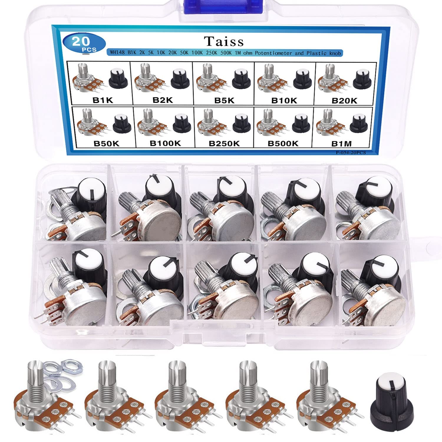 Taiss/20 Stücke Potentiometer Kit mit Knöpfen B1K 2K 5K 10K 20K 50K 100K 250K 500K 1M Ohm Potentiometer-Sortiment 3 Anschlüsse Linear Rotary Potentiometer Audio B Typ zur Lautstärkeregelung F054 von Taiss