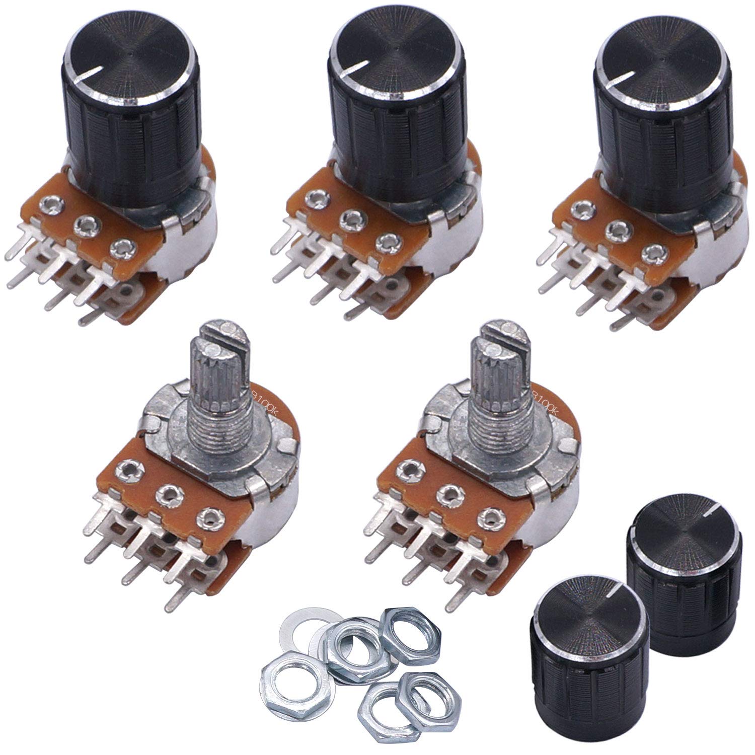 Taiss/5 stücke 100K Ohm Potentiometer 6 Pins Split Welle Rotary Linear Dual Taper Audio B Typ Lautstärkeregler Potentiometer B100K + 5 stücke Knopf von Taiss