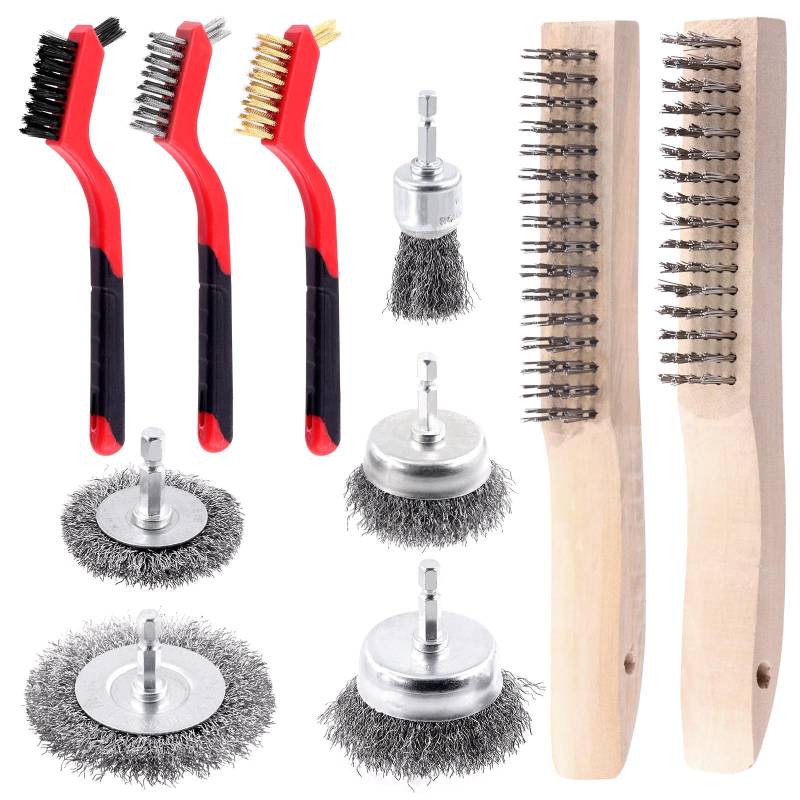 Tanstic 10Pcs Wire Brush Set, Includes Stainless/Carbon Steel Wood Wire Brush, Nylon/Brass/Stainless Steel Bristles with Plastic Handle, Drill Wire Brush with 1/4" Hex Shank for Paint Rust Removal von Tanstic