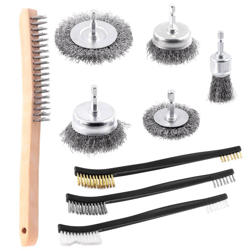 Tanstic 9Pcs Wire Brush Set Includes Wooden Wire Brush, Carbon Steel Drill Wire Brush with 1/4" Hex Shank, Nylon/Brass/Stainless Steel Bristles with Curved Handle for Removing Paint and Rust von Tanstic