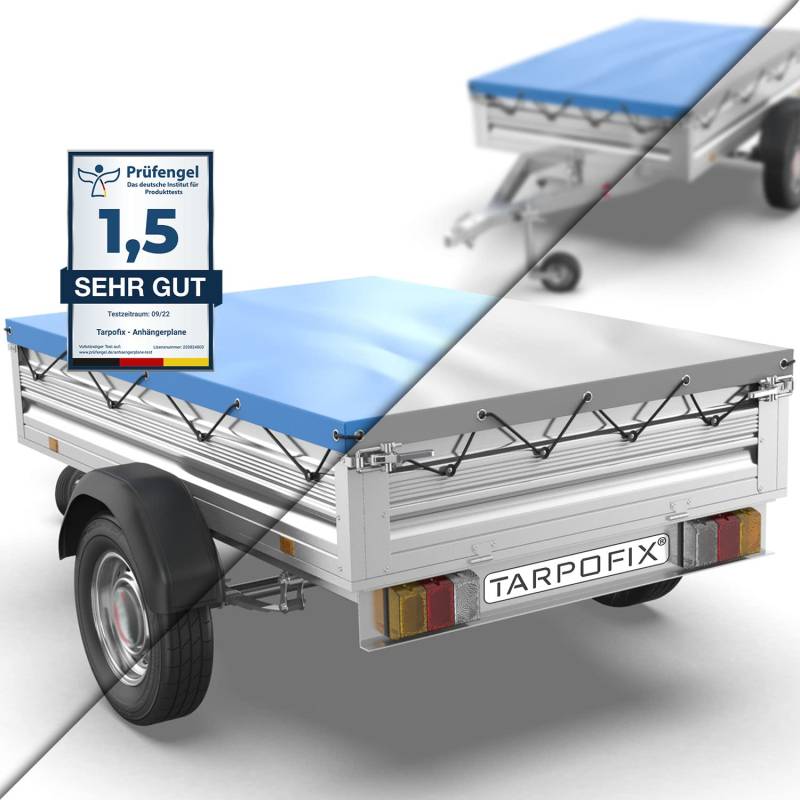 Tarpofix® Anhänger Plane 207 x 114 cm inkl. Planenseil | Anhängerplane Flachplane aus PVC PLANENMATERIAL | Verstärkte Stema Anhänger Plane für 750kg PKW Hänger | Abdeckplane Anhänger Abdeckung | Blau von Tarpofix