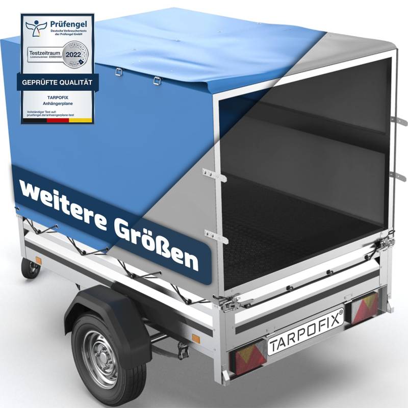 Tarpofix® Anhänger Plane 208x114x90 cm inkl. Planenseil | Anhängerplane Hochplane aus PVC PLANENMATERIAL | Verstärkte Stema Anhänger Plane für 750kg PKW Hänger | Abdeckplane Anhänger Abdeckung | Blau von Tarpofix