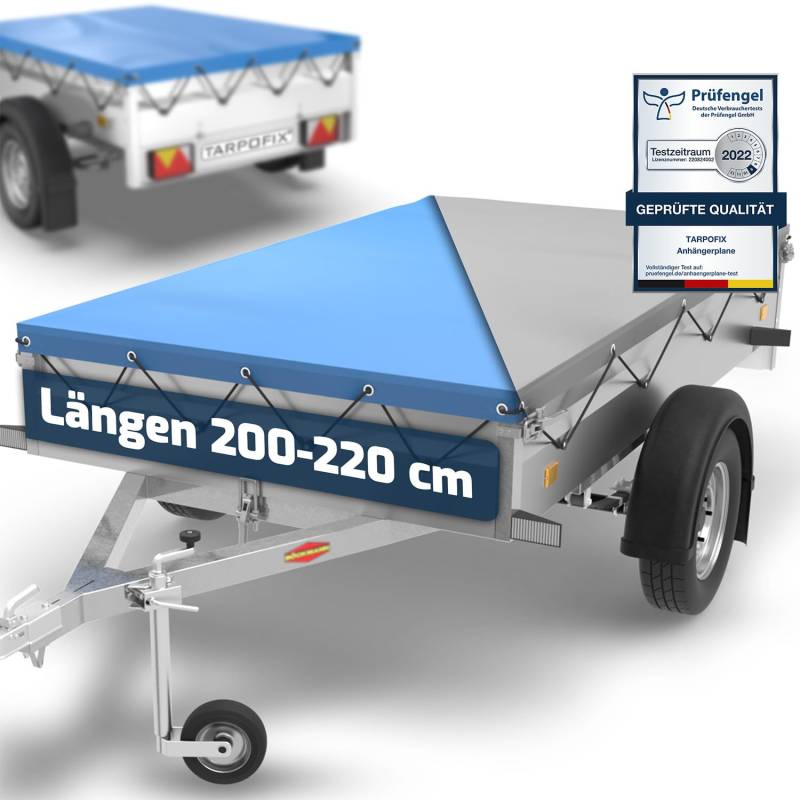 Tarpofix® Anhänger Plane 210 x 115 cm inkl. Planenseil | Anhängerplane Flachplane aus PVC PLANENMATERIAL | Verstärkte Böckmann Anhänger Plane für 750kg PKW Hänger | Abdeckplane Anhänger Abdeckung Blau von Tarpofix