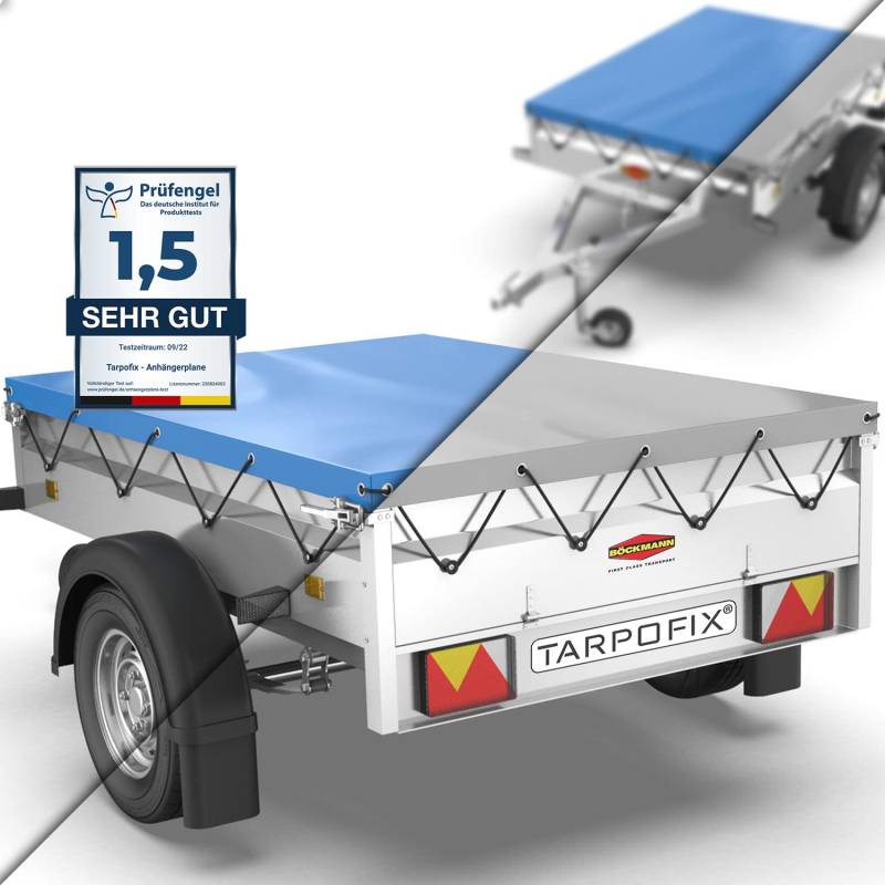 Tarpofix® Anhänger Plane 210 x 115 cm inkl. Planenseil | Anhängerplane Flachplane aus PVC PLANENMATERIAL | Verstärkte Böckmann Anhänger Plane für 750kg PKW Hänger | Abdeckplane Anhänger Abdeckung Grau von Tarpofix