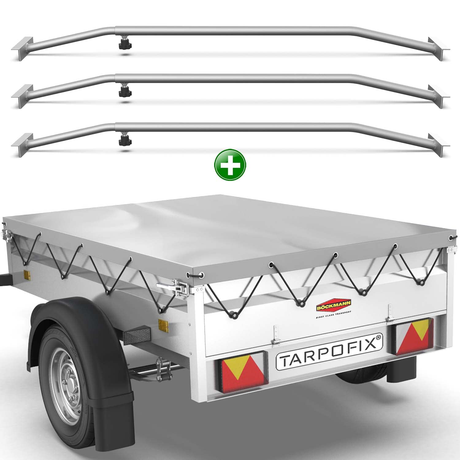 Tarpofix® Anhänger Plane 210x115 cm + 3x Planenbügel | Anhängerplane Flachplane aus PVC PLANENMATERIAL | Verstärkte Böckmann Anhänger Plane für 750kg PKW Hänger | Abdeckplane + Flachplanenbügel | Grau von Tarpofix