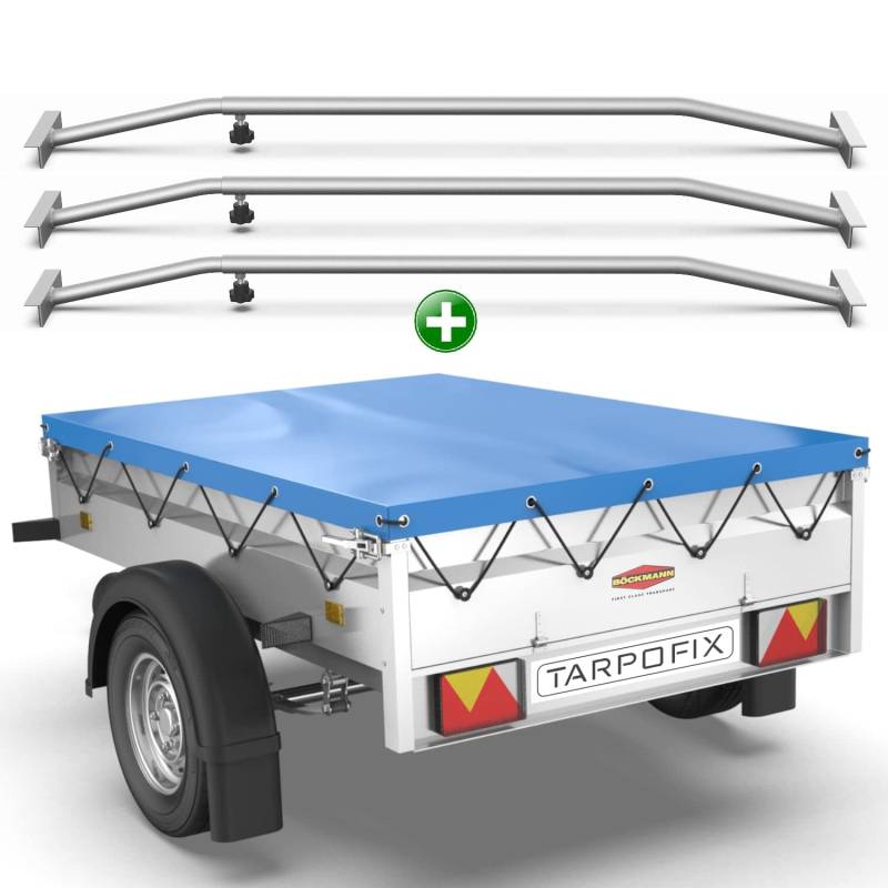 Tarpofix® Anhänger Plane 210x115 cm + 3x Planenbügel | Anhängerplane Flachplane aus PVC PLANENMATERIAL | Verstärkte Böckmann Anhänger Plane für 750kg PKW Hänger | Abdeckplane + Flachplanenbügel | Blau von Tarpofix