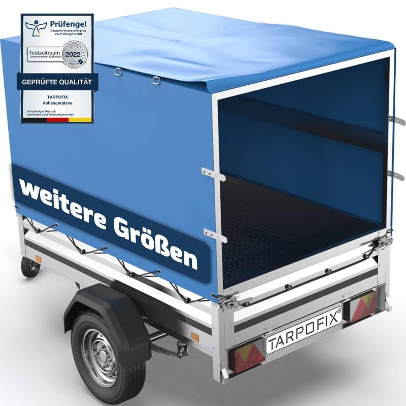 Tarpofix® Anhänger Plane 210x115x110 cm inkl. Planenseil | Anhängerplane Hochplane aus PVC PLANENMATERIAL | Verstärkte Stema Anhänger Plane für 750kg PKW Hänger | Abdeckplane Anhänger Abdeckung | Blau von Tarpofix