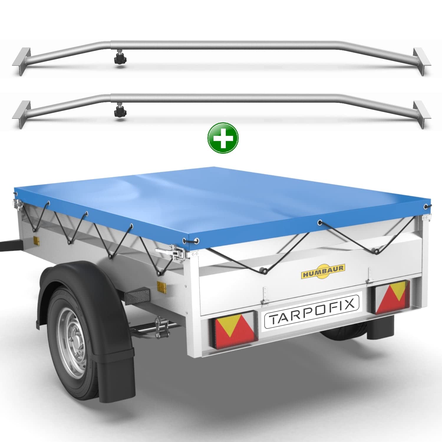 Tarpofix® Anhänger Plane 211x116 cm + 2X Planenbügel | Anhängerplane Flachplane aus PVC PLANENMATERIAL | Verstärkte Humbaur Anhänger Plane für 750kg PKW Hänger | Abdeckplane + Flachplanenbügel | Blau von Tarpofix