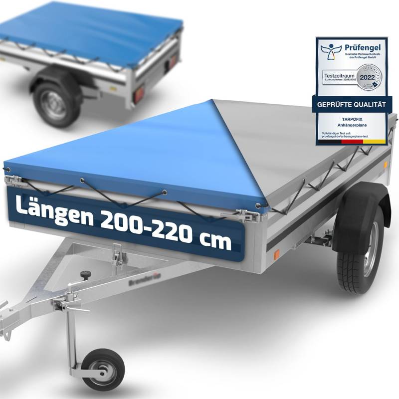 Tarpofix® Anhänger Plane 212 x 123 cm inkl Planenseil | Anhängerplane Flachplane aus PVC PLANENMATERIAL | Verstärkte Brenderup Anhänger Plane für 750kg PKW Hänger | Abdeckplane Anhänger Abdeckung Blau von Tarpofix