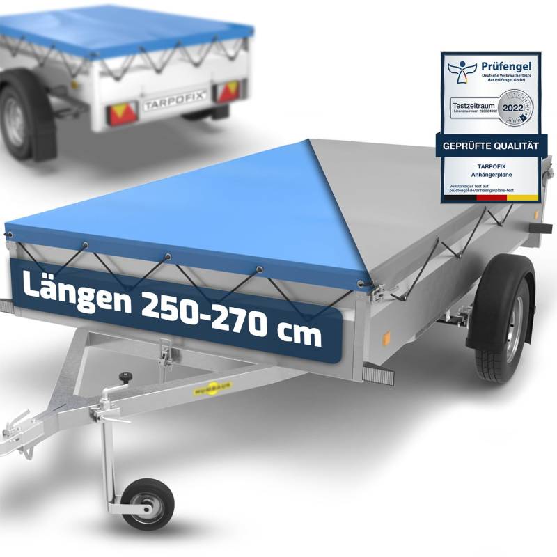 Tarpofix® Anhänger Plane 258x136 cm inkl. Planenseil | Anhängerplane Flachplane aus PVC PLANENMATERIAL | Verstärkte Humbaur Anhänger Plane für 1300kg PKW Hänger | Abdeckplane Anhänger Abdeckung Blau von Tarpofix