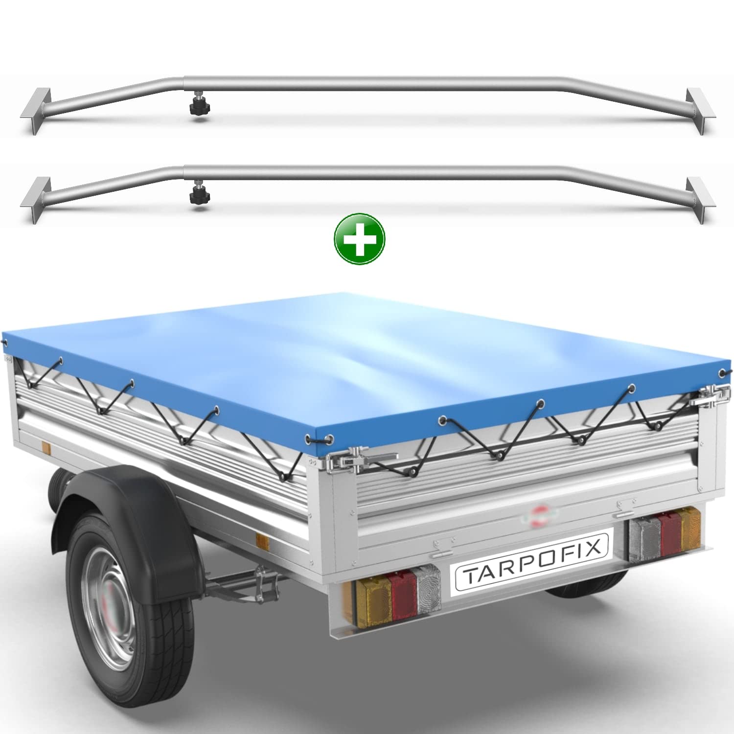 Tarpofix® Anhängerplane 2075x1140 mm + 2x Planenbügel | Anhänger Plane Flachplane aus PVC PLANENMATERIAL | Verstärkte Stema Anhänger Plane für 750kg PKW Hänger | Abdeckplane + Flachplanenbügel | Blau von Tarpofix