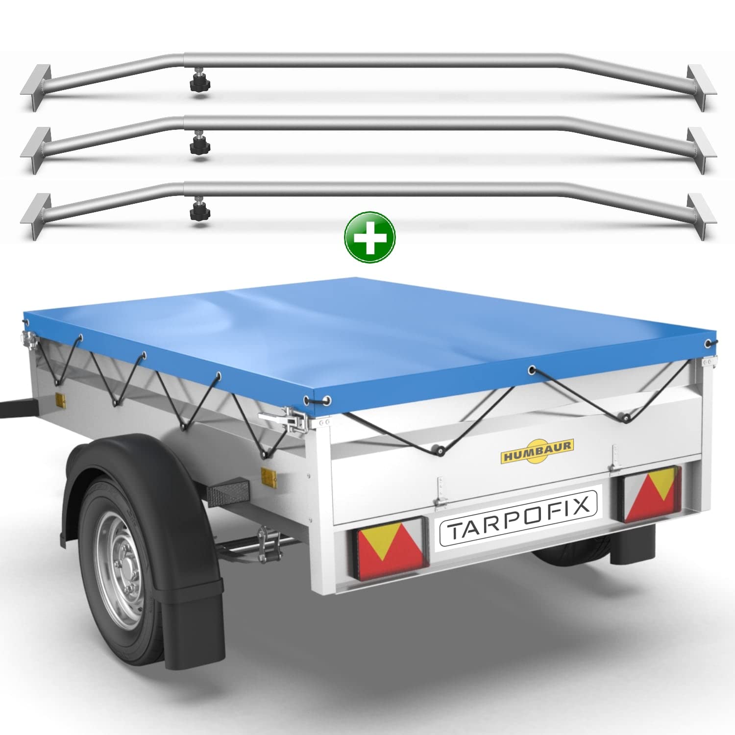 Tarpofix® Anhängerplane 211x116 cm + 3X Planenbügel | Anhänger Plane Flachplane aus PVC PLANENMATERIAL | Verstärkte Humbaur Anhänger Plane für 750kg PKW Hänger | Abdeckplane + Flachplanenbügel | Blau von Tarpofix