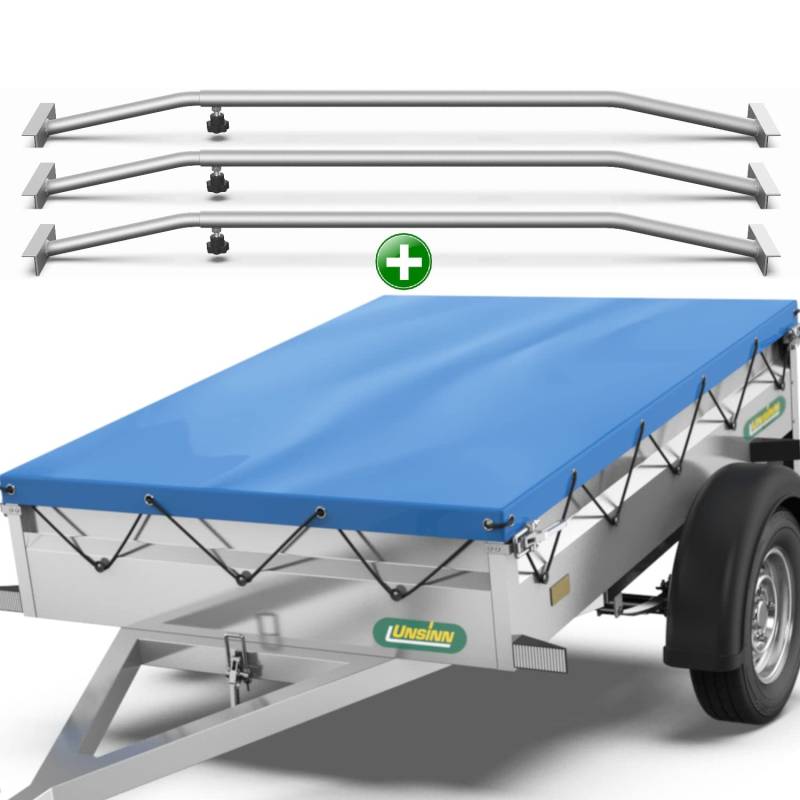 Tarpofix® Anhängerplane 217 x 117 cm + 3x Planenbügel | Anhänger Plane Flachplane aus PVC PLANENMATERIAL | Verstärkte Unsinn Anhänger Plane für 750kg PKW Hänger | Abdeckplane + Flachplanenbügel | Blau von Tarpofix