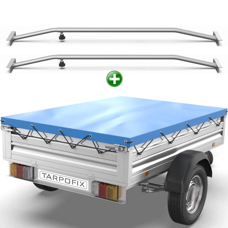 Tarpofix® Anhängerplane 257,5x134,5 cm + 2X Planenbügel | Anhänger Plane Flachplane aus PVC PLANENMATERIAL | Verstärkte Stema Anhänger Plane für 1300kg PKW Hänger | Abdeckplane + Flachplanenbügel von Tarpofix