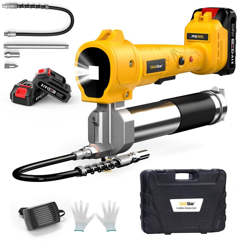 TaskStar Akku Fettpresse, [Super Effizient] Elektrische Fettpresse Kit mit 2 Batterien und Ladegerät, 39.4" Flexibler Schlauch, 10000 PSI, Variable Geschwindigkeit Trigger, Fettpresse mit LED Licht von TaskStar