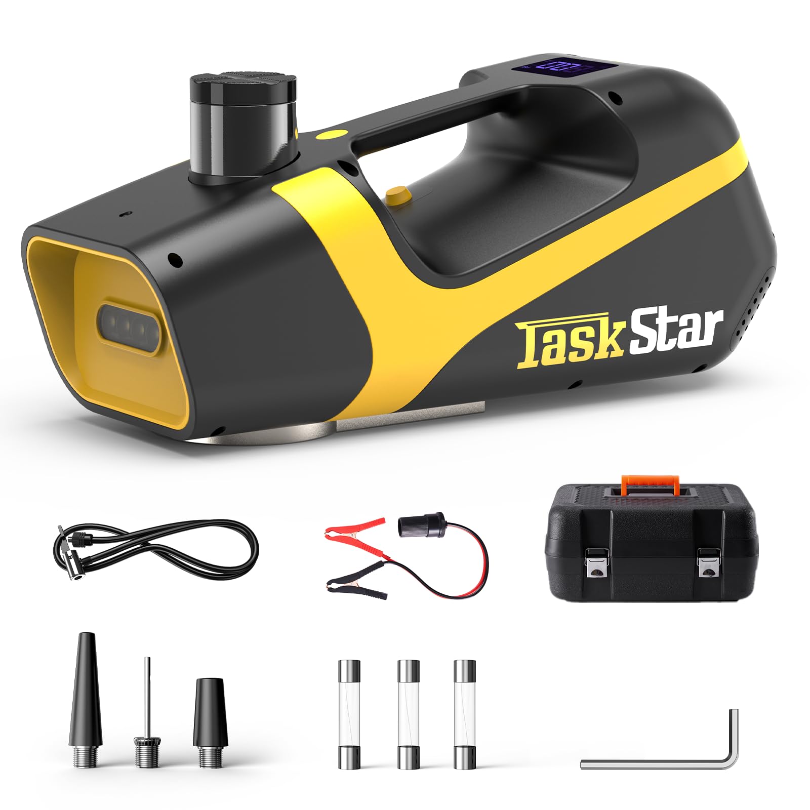 TaskStar Elektrischer Wagenheber 5 T, 12 V Hydraulischer Wagenheber (Hebebereich: 155-450 mm) mit Reifenfüllpumpe und LCD-Display, Portable Car Jack Kit für SUV LKW Reifenwechsel Garage Reparatur von TaskStar