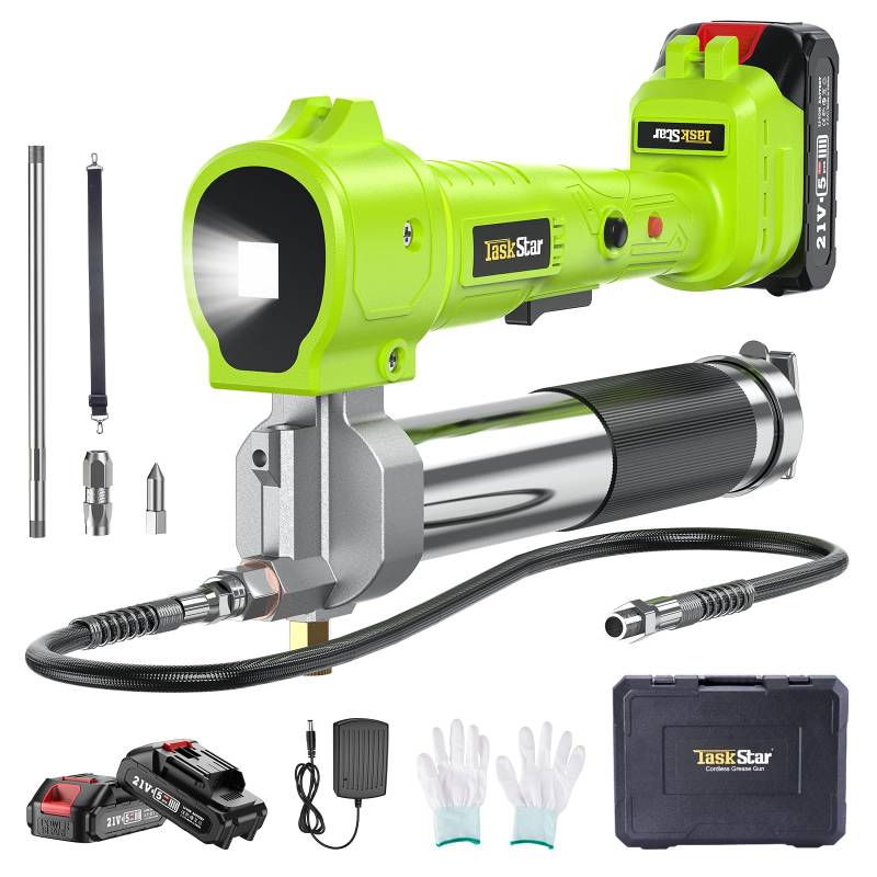 TaskStar Akku Fettpresse, [Super Effizient] Elektrische Fettpresse Kit mit 2 Batterien und Ladegerät, 39,4" Flexibler Schlauch und schmiernippel, 10000 PSI Fettpresse mit Super Helles LED Licht, Grün von TaskStar